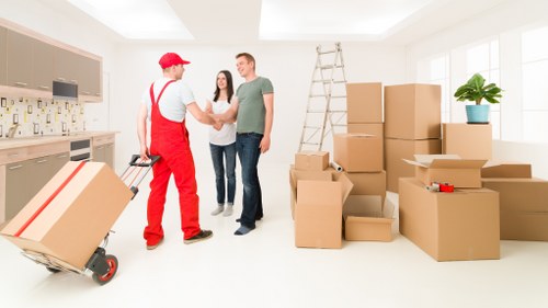 Professional movers loading boxes near a Pimlico apartment building