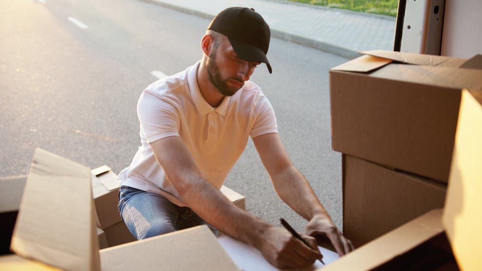A man wearing a white polo shirt and a black cap is inside a residential property, kneeling on the floor surrounded by several large cardboard boxes and packing materials. He is writing on a sheet of 